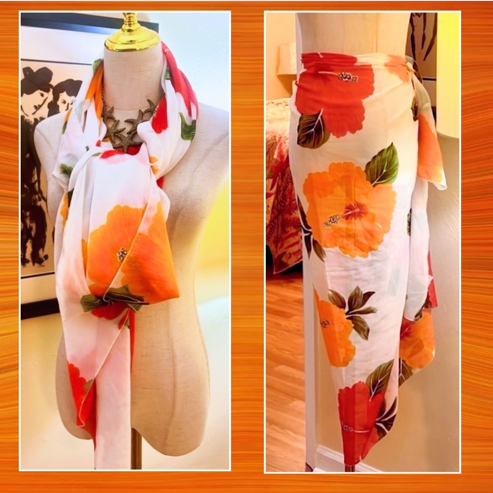 Vibrant,Stunning Sarong,Wrap, Scarf w/Large,Bold Hibiscus Flowers, 38”x65”,EUC - Picture 3 of 9